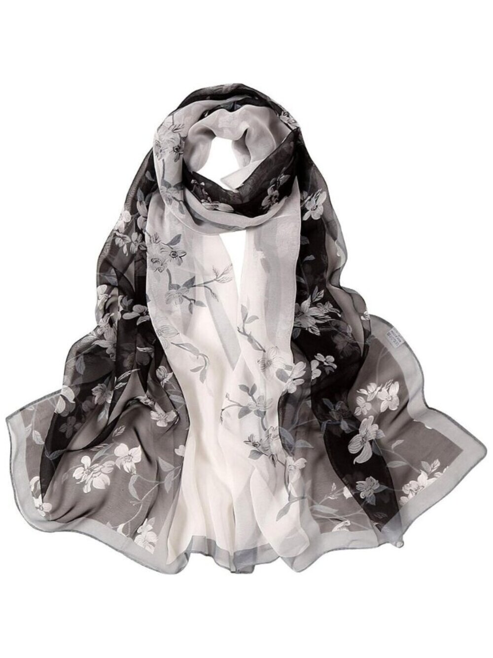 Women's Black+white Fashion Lightweight Head Scarf Floral Print Chiffon Scarves